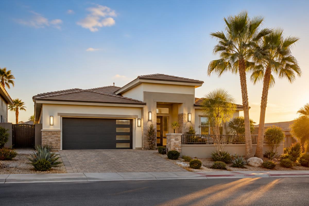 A modern Las Vegas home at sunset with palm trees and desert landscaping